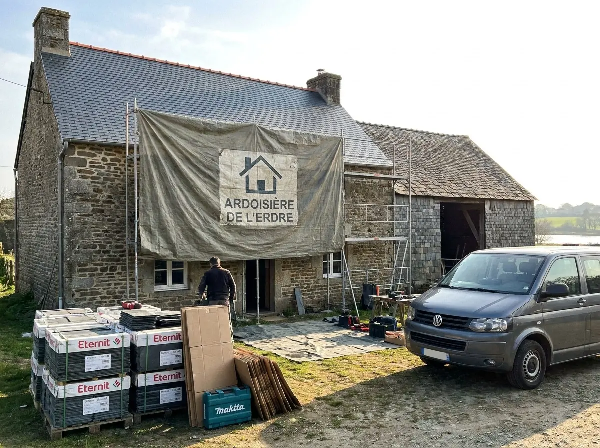 Longère en pierre près de Carquefou avec sa couverture en ardoise refaite, bâche L'Ardoisière de l'Erdre et palettes d'ardoises